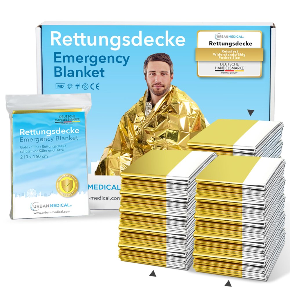 URBAN MEDICAL Premium Emergency Blankets, Gold/Silver, 210 x 160 cm