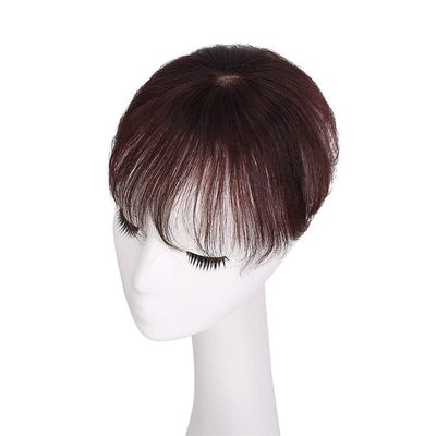 Remy Human Hair Topper with Natural Bangs, Short Wavy Hair, Silk Base, 6 in, Dark Brown