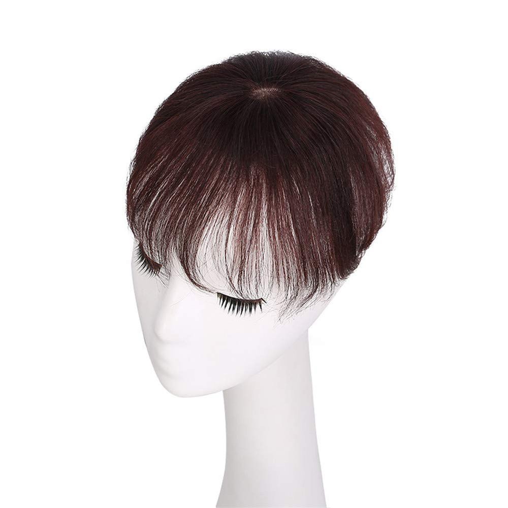 Remy Human Hair Topper with Natural Bangs, Short Wavy Hair, Silk Base, 6 in, Dark Brown