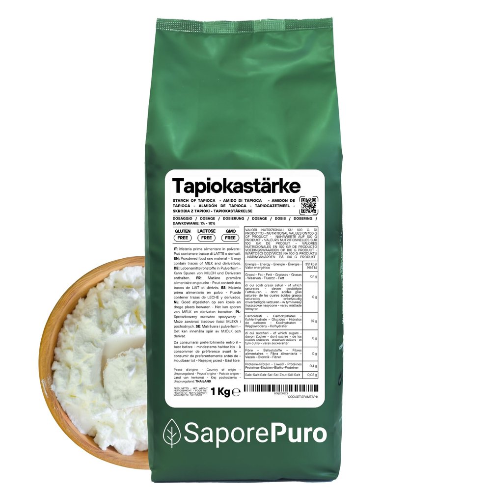SaporePuro Tapioca Starch 1000 g Gluten-Free Natural Thickener for Creams, Sauces, Desserts, and Cooking Recipes