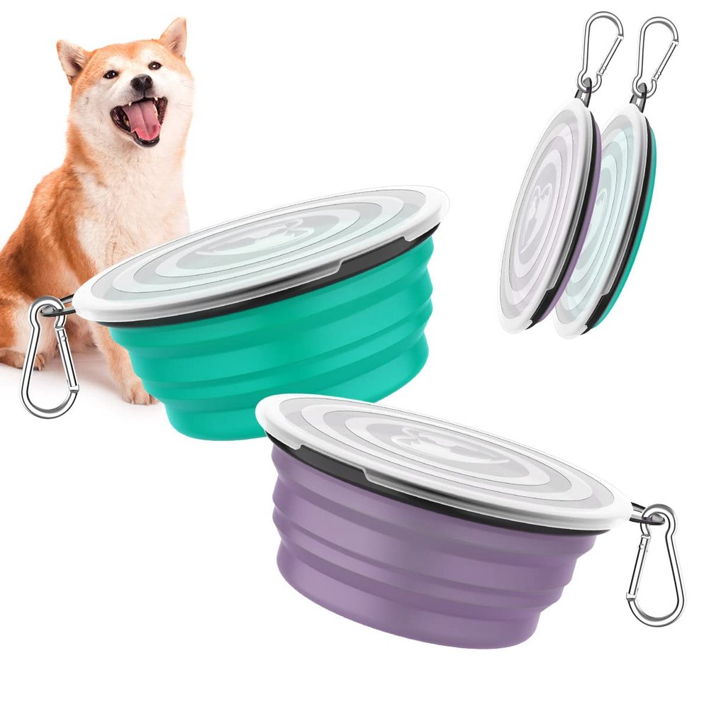Pawaboo Collapsible Dog Bowls, 2-Pack, 1000 ml, Portable Silicone Travel Bowls with Leak-Resistant Lids and Carabiners, Turquoise + Purple