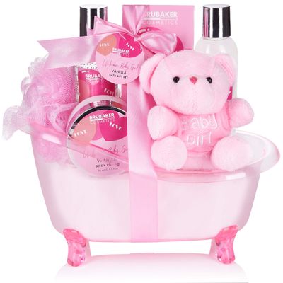 BRUBAKER Cosmetics 7-Piece Baby Gift Set for Girls with Pink Tub and Plush Bear