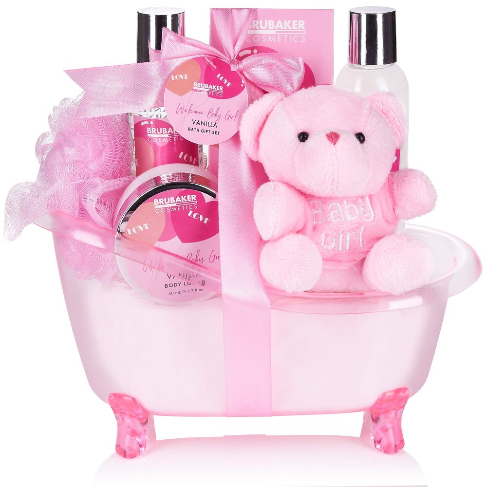 BRUBAKER Cosmetics 7-Piece Baby Gift Set for Girls with Pink Tub and Plush Bear