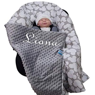 Personalized Two-Layer Wrap Blanket - 90 x 90 cm - Cotton Baby Blanket for Infant Car Seat (Muse - Gray)