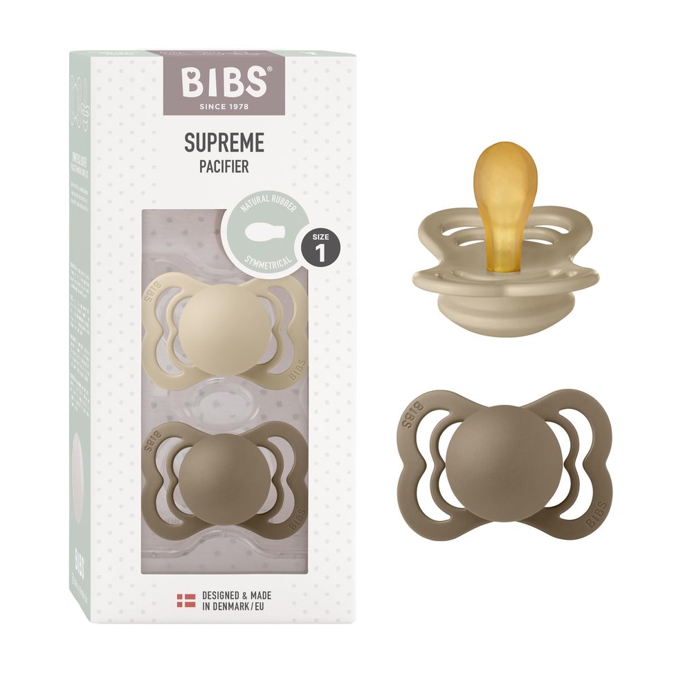 BIBS Supreme Pacifier, 0–6 Months, 2-Pack, Vanilla/Dark Oak