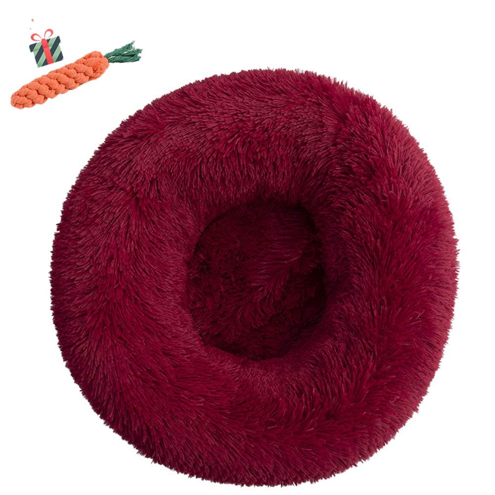 FANSU Round Donut Dog Bed, Plush Pet Sofa, Red Wine, 50 cm