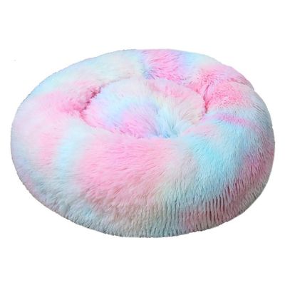 FANSU Round Plush Donut Dog Bed and Cat Bed, Soft Cushion with Nonslip Base, Tie-Dye Colorful Powder, 60 cm