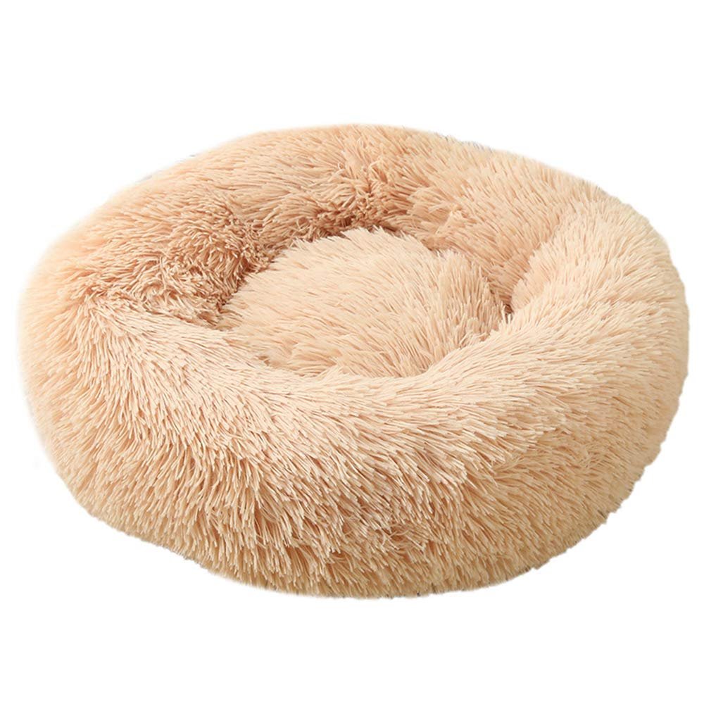FANSU Round Donut Dog Bed, Soft Plush Sofa, Non-Slip Base, Cat Bed, Champagne, 90 cm