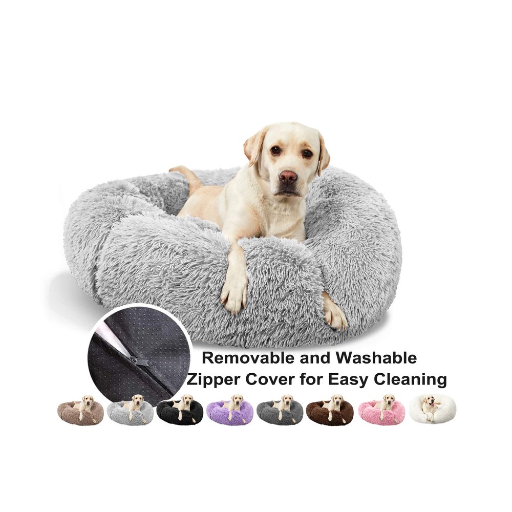 Round Plush Donut Dog Bed, Gray, 120 cm