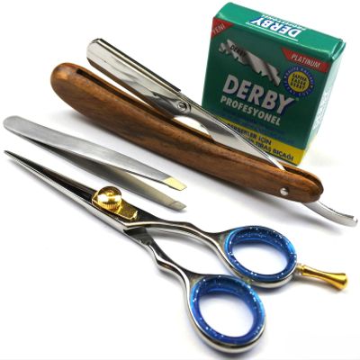 4-Piece Men's Grooming Set with Beard Scissors, Straight Razor, Razor Blades & Tweezers NATRA