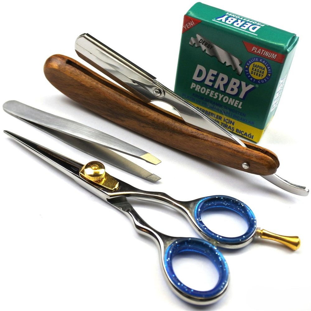 4-Piece Men's Grooming Set with Beard Scissors, Straight Razor, Razor Blades & Tweezers NATRA