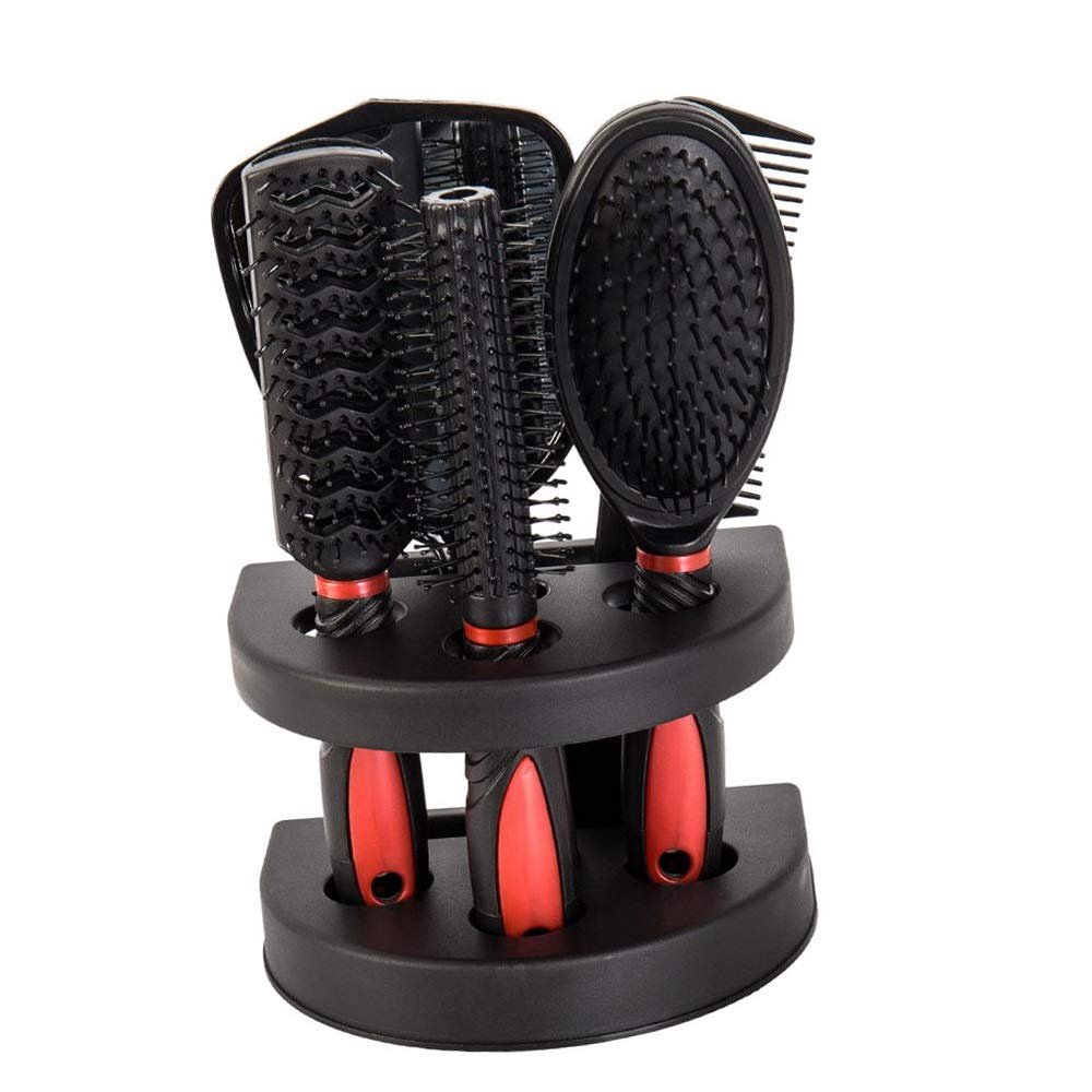 Surfmall 5-Piece Hair Brush and Comb Set with Mirror and Stand, Antistatic, Red