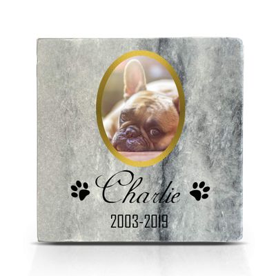 TULLUN Personalized Gray Natural Marble Pet Memorial Stone, 10 x 10 cm, Gold-Frame Photo