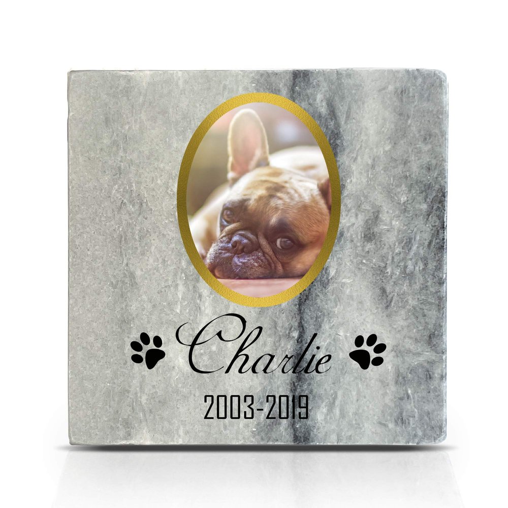 TULLUN Personalized Gray Natural Marble Pet Memorial Stone, 10 x 10 cm, Gold-Frame Photo