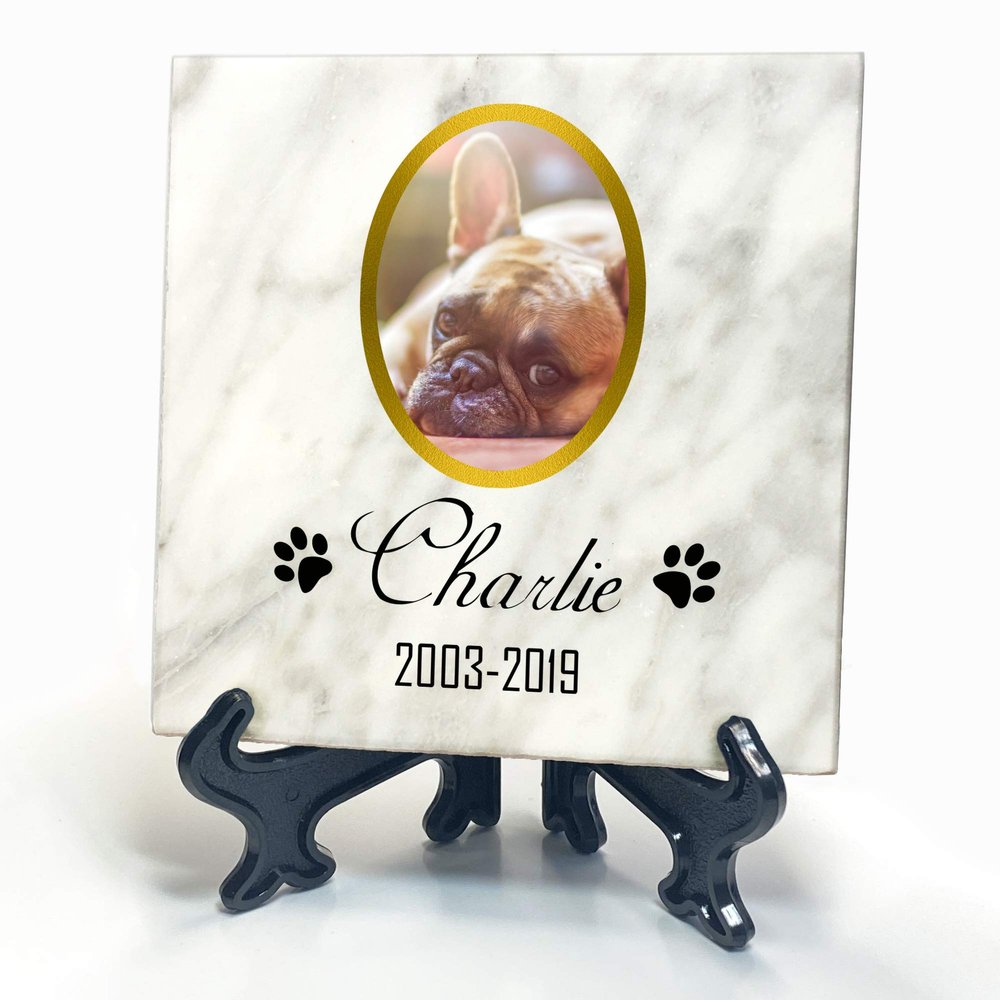 TULLUN Personalized White Natural Marble Pet Memorial Stone with Stand, 4 x 4 in, Gold-Frame Photo