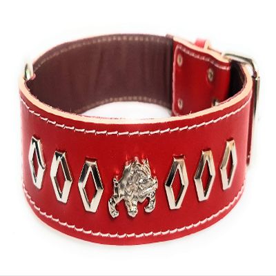M&D Leather Dog Collar, 1.5 in Wide, English Bulldog Design, Size M, Red