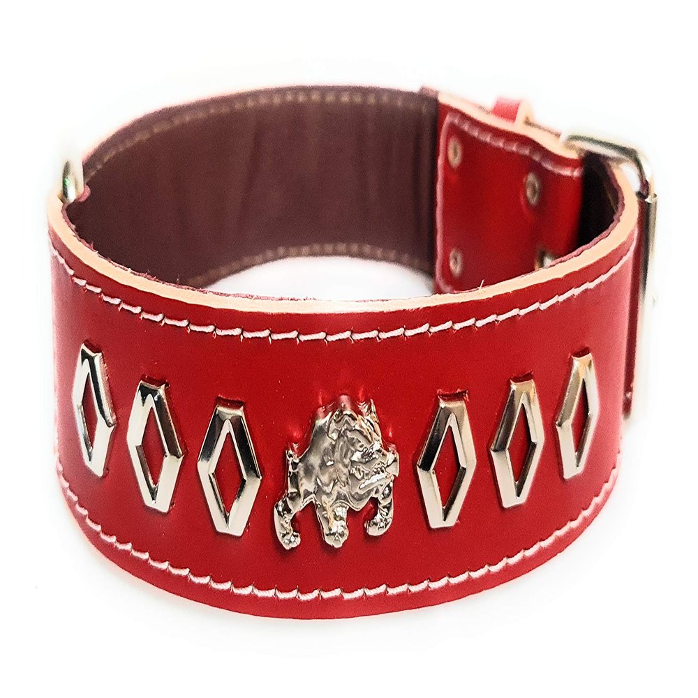 M&D Leather Dog Collar, 1.5 in Wide, English Bulldog Design, Size M, Red