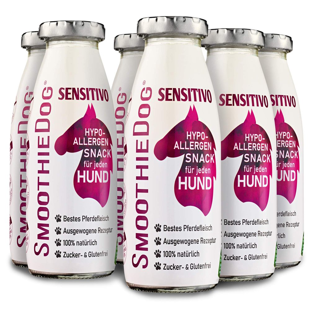 SmoothieDog Sensitivo 6-Pack (Horse) Dog Smoothie - Hypoallergenic Treat for Sensitive Dogs - Sugar- and Gluten-Free - 250 ml Each