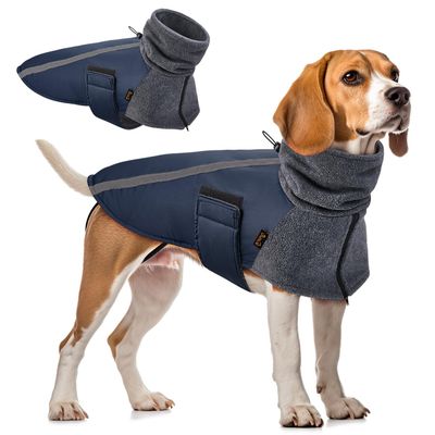 SlowTon Winter Coat for Dogs, Fleece-Lined with Turtleneck Scarf, Reflective Strips, Adjustable, Waterproof and Windproof