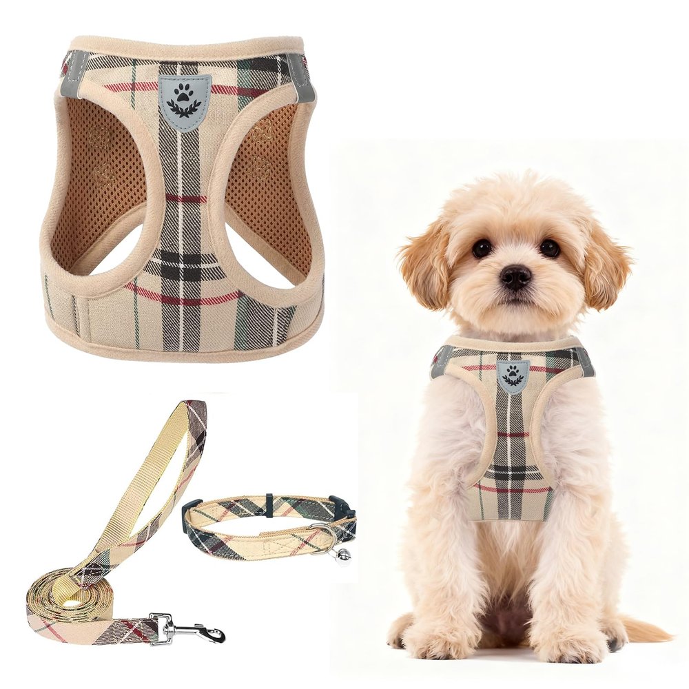 PUPTECK Adjustable Dog Harness Set with Collar and Leash, Beige, S