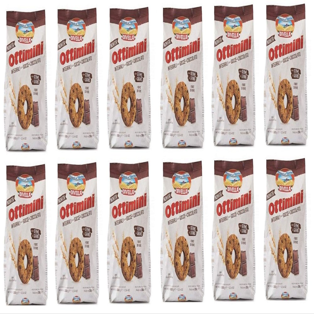 12 x Divella Ottimini Integrali Whole-Grain Cookies with Chocolate Chips and Wheat Germ, Italian Cookies, 350 g