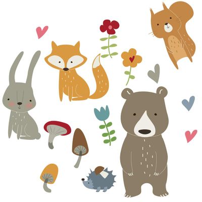 Muralo Wall Decal Set: Bear, Hedgehog, Fox, Squirrel, Rabbit – 75 x 150 cm