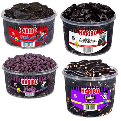 4 Cans of Haribo Licorice Assortment: Salino, Snails, Viola and Licorice Sticks (2 x 1200 g, 1 x 1148 g, 1 x 1500 g)