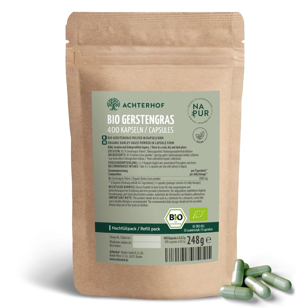 Organic Barley Grass Capsules Refill Pack, 400 Count | 3,000 mg per Daily Dose | Finely Ground Barley Grass Capsules | Certified Organic | No Additives | vom Achterhof