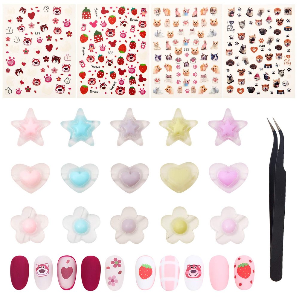 NICENEEDED Nail Art Decoration Set with Cartoon Nail Stickers and 3D Rhinestones