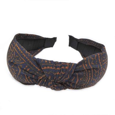 Fabric Headband with Bow, Ethnic Pattern, 5 cm, Blue/Orange