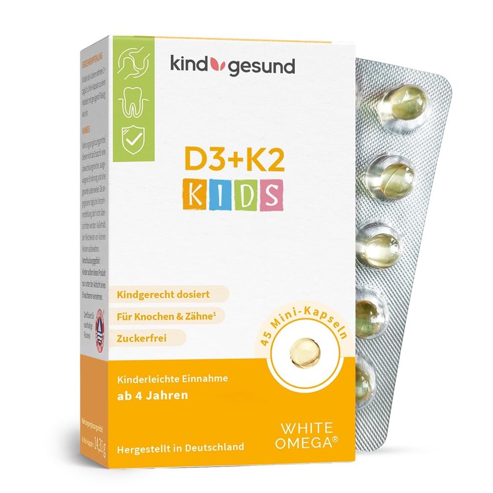 Vitamin D3 + K2 Capsules for Children, Sugar-Free, 800 IU, 1 Capsule Daily, with 25 µg Vitamin K2 and 179 mg Omega-3, 1.5-Month Supply