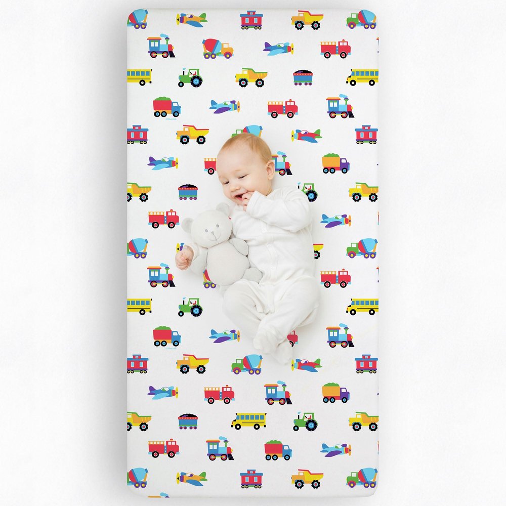 Wildkin Trains, Planes & Trucks Organic Cotton Flannel Fitted Crib Sheet, White