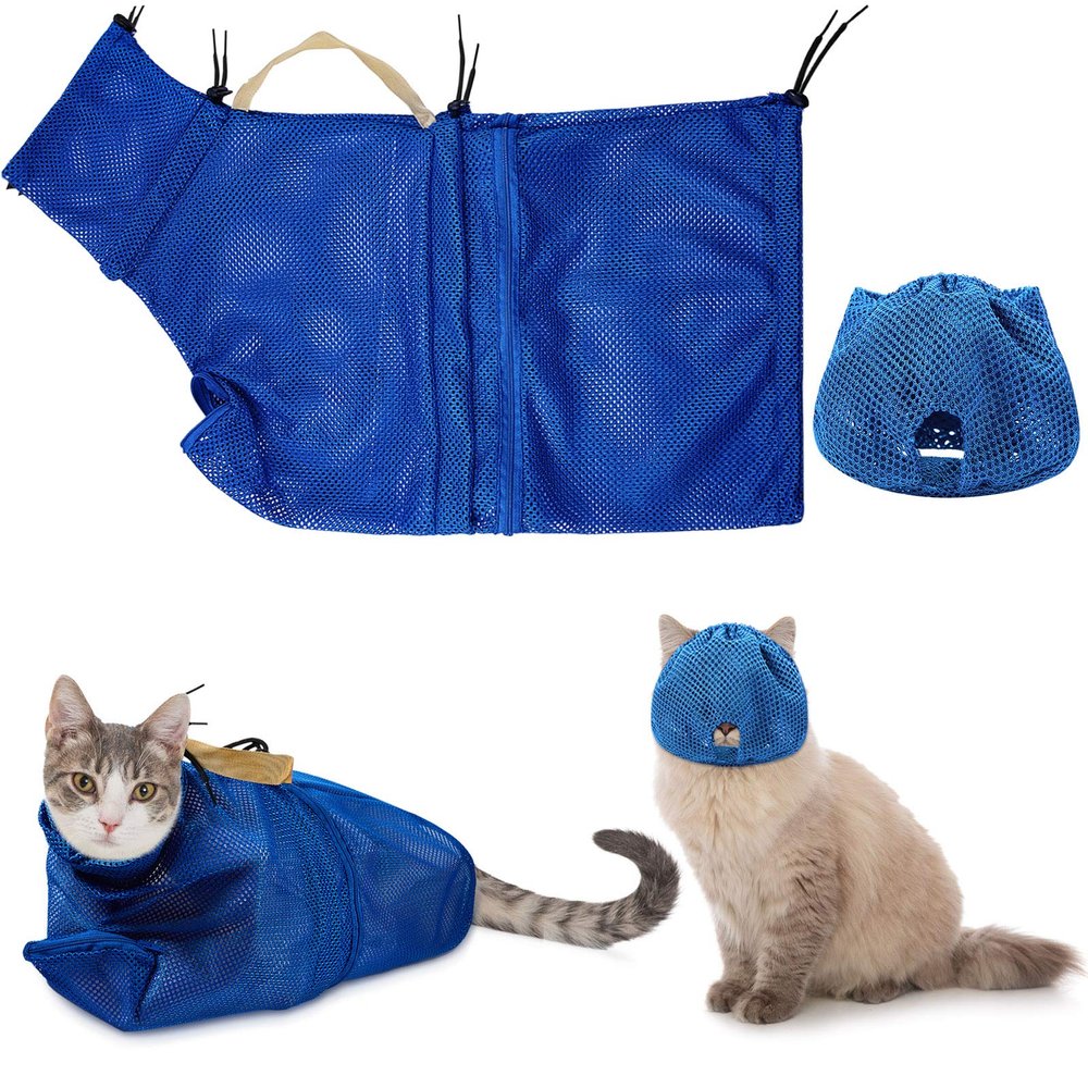 Weewooday 2-Piece Cat Grooming Mesh Set with Muzzle and Bathing Bag