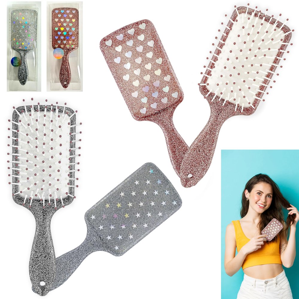 Glitter Paddle Hair Brushes for Detangling, Smoothing and Blow-Drying, 2-Pack