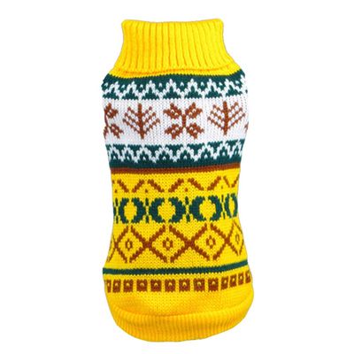 Yellow Christmas Dog Sweater with Snowflake Diamond Pattern, Size L