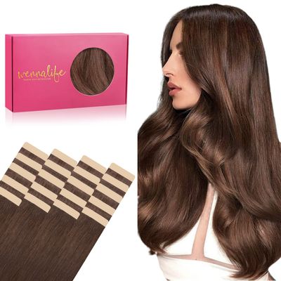 WENNALIFE Chocolate Brown Remy Human Hair Tape Extensions, 20 Pieces, 50 g, 50 cm/20 in