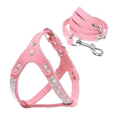 Leather Dog Harness and Leash Set with Rhinestones, Crystal Bone Pendant, Pink