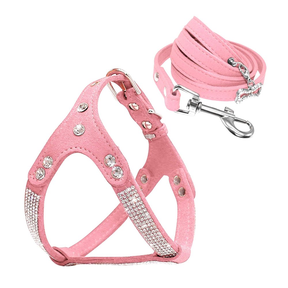 Leather Dog Harness and Leash Set with Rhinestones, Crystal Bone Pendant, Pink