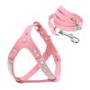 Leather Dog Harness and Leash Set with Rhinestones, Crystal Bone Pendant, Pink view 1