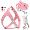 Leather Dog Harness and Leash Set with Rhinestones, Crystal Bone Pendant, Pink view 2