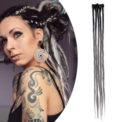 Dreadlock Hair Extensions, Faux Locs, Braided Synthetic Afro Kinky Hair, Black + Silver Gray