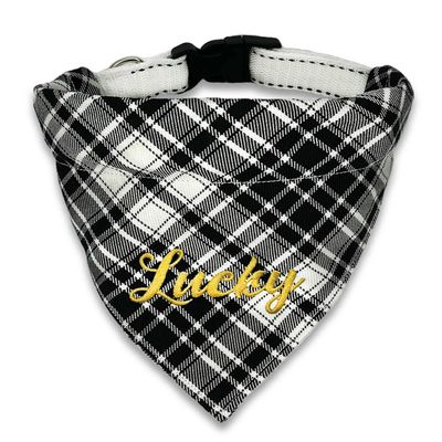 Adjustable Dog Bandana Collar, White/Black Scottish Plaid, Optional Name Embroidery