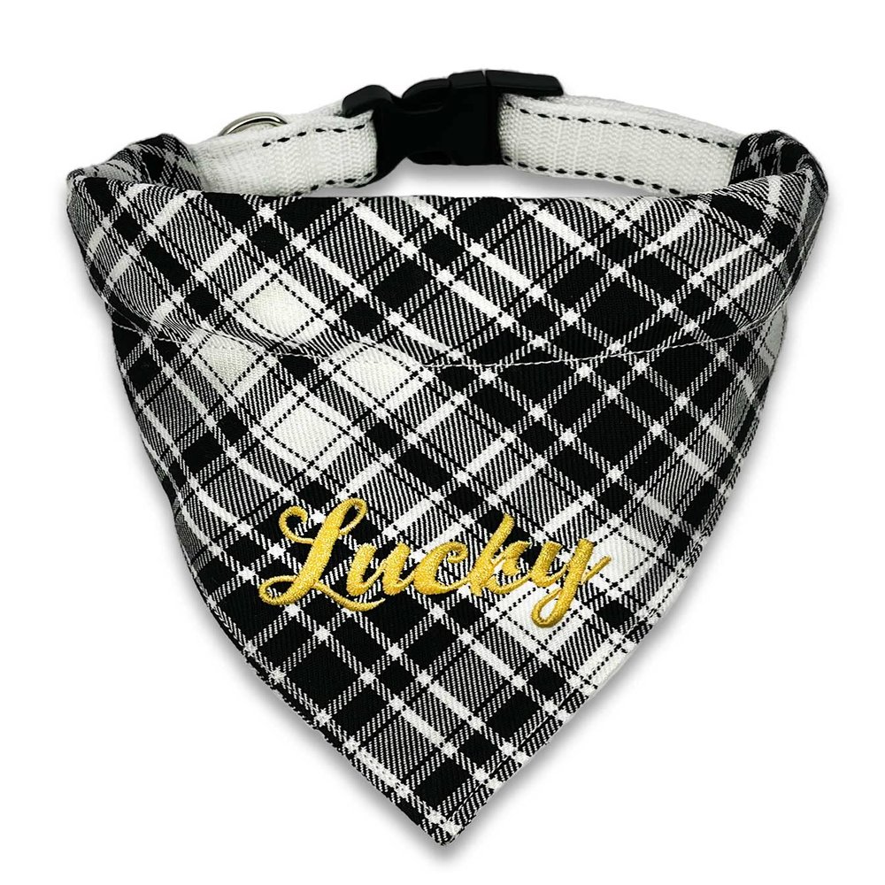 Adjustable Dog Bandana Collar, White/Black Scottish Plaid, Optional Name Embroidery