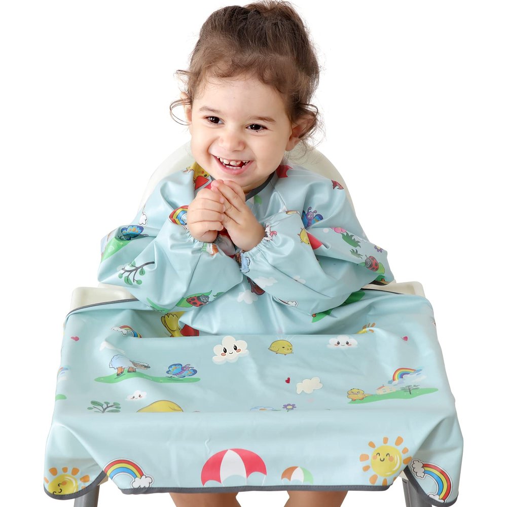 PewinGo Baby Bib with Sleeves, High Chair Cover, Waterproof & Machine Washable, Gray