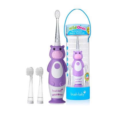 Brush-Baby Rechargeable Electric Toothbrush for Kids, Ages 0–10, WildOnes Hippo Design with Flashing Lights, DeepClean Bristles, 2 Replacement Heads & USB Cable