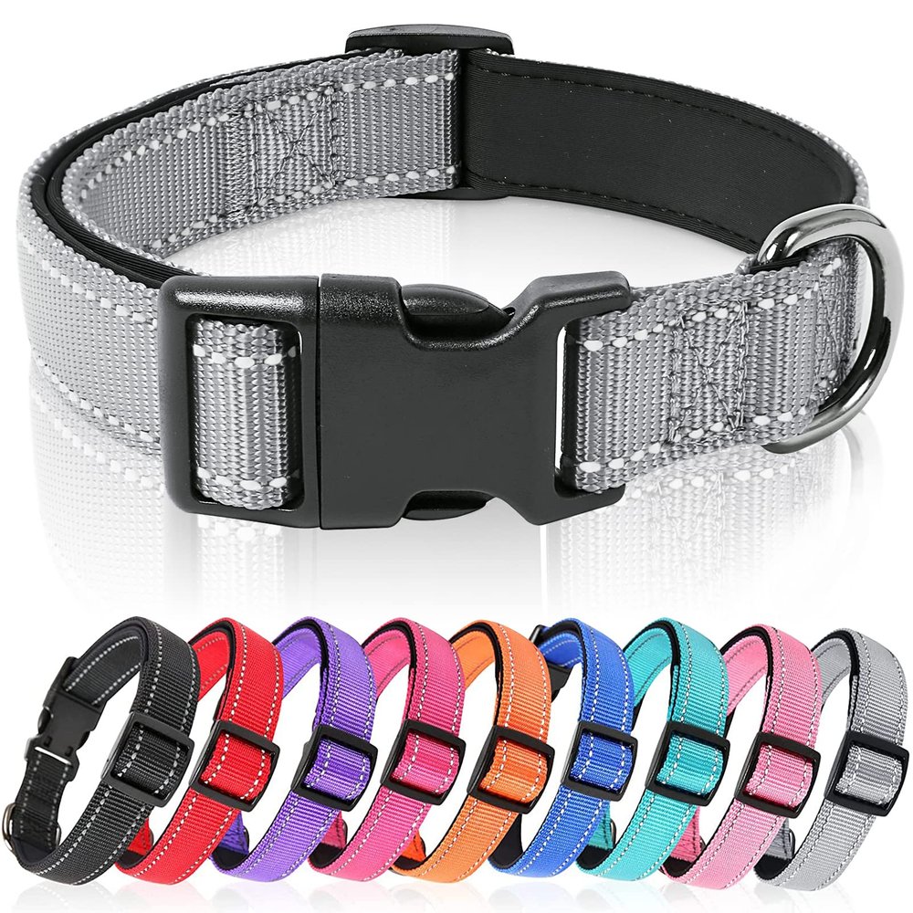 HEELE Dog Collar, Soft Padded Neoprene Nylon for Small to Medium Dogs and Puppies, Adjustable Reflective Training Collar, Gray, S