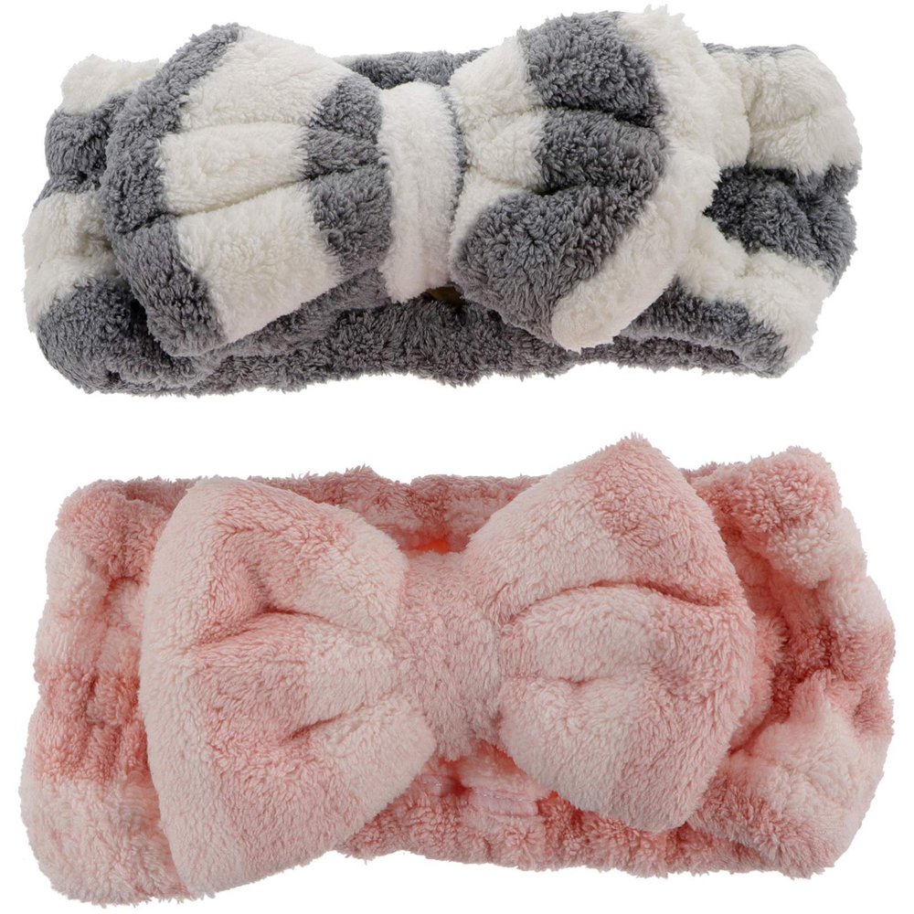 minkissy 2-Piece Bow Headbands for Women, Elastic Coral Fleece Makeup Headbands for Face Washing, Yoga, and Cosmetics