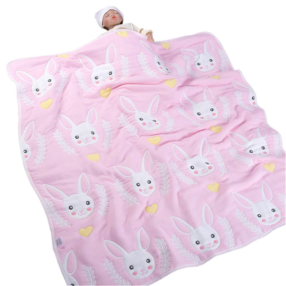 Hayisugal 100% Cotton Baby Blanket, Soft Knitted Crawling Blanket, Pink Rabbit, 115 x 120 cm