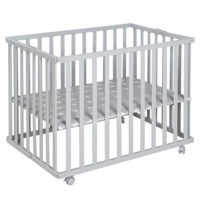roba Foldable Playpen, Taupe, 74 x 100 cm, Space-Saving Wooden Playpen with Casters