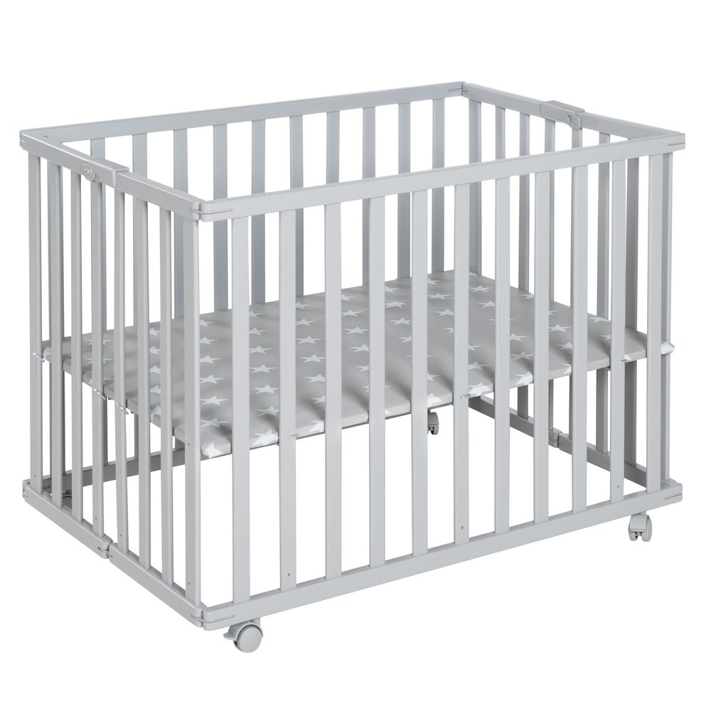 roba Foldable Playpen, Taupe, 74 x 100 cm, Space-Saving Wooden Playpen with Casters